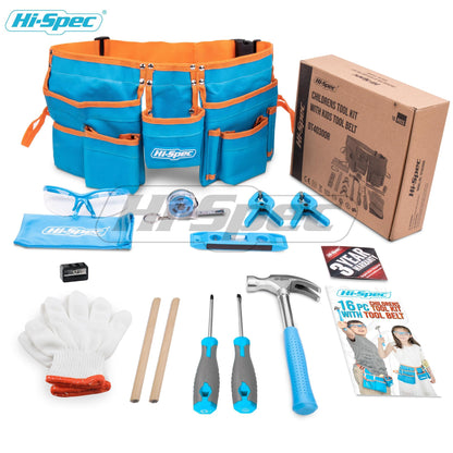 Hi-Spec 16pc Children's Tool Belt - Real tools in the set including screwdriver, level, work gloves, hammer, and safety glasses.
