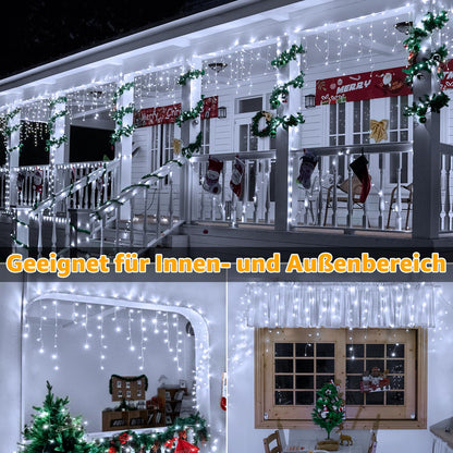 Ollny 49ft Outdoor Icicle Lights, 600 LED white Outdoor String Lights with Remote, 8 Lighting Modes Waterproof Christmas Lights for Balcony Window House Pavilion Patio Christmas Decor