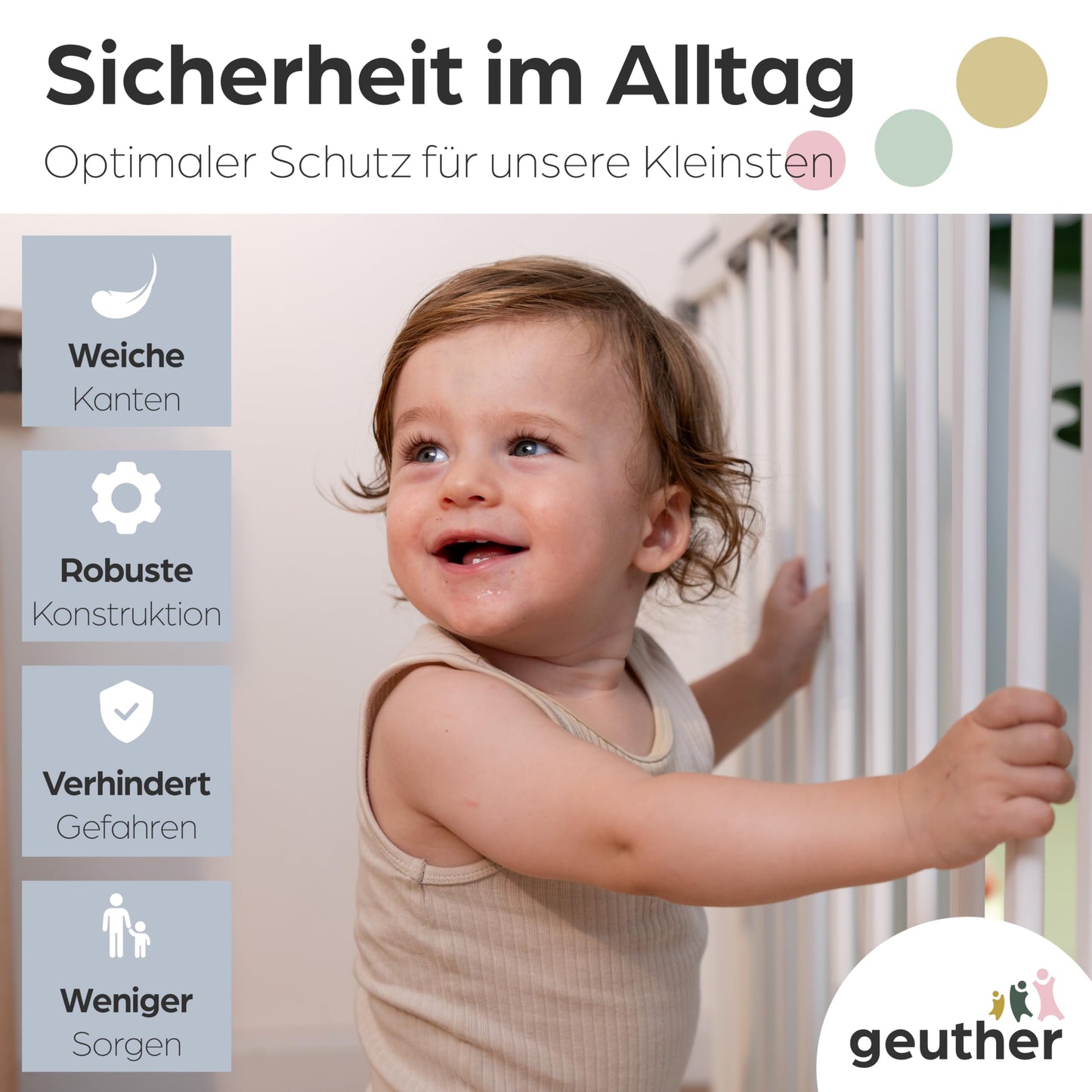 Geuther Door Safety Gate Oris | Staircase Safety Gate for screwing on, Width 86-133 cm | Sturdy Baby Gate & Door Gate with Swinging Door, Certified & Safety Tested | Wooden Child Gate, White