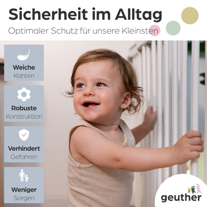 Geuther Door Safety Gate Oris | Staircase Safety Gate for screwing on, Width 86-133 cm | Sturdy Baby Gate & Door Gate with Swinging Door, Certified & Safety Tested | Wooden Child Gate, White