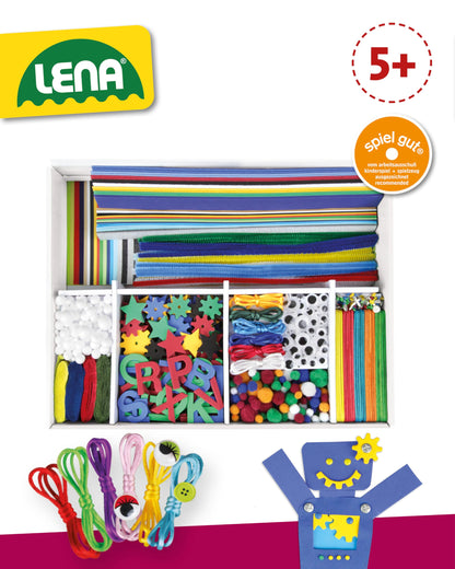 Lena 42665 - Jumbo craft kit with 800 pieces in bold colors, crafting materials like foam, colored paper, pom poms, ribbons, googly eyes, wooden sticks, and more. For ages 5 and up, in blue.