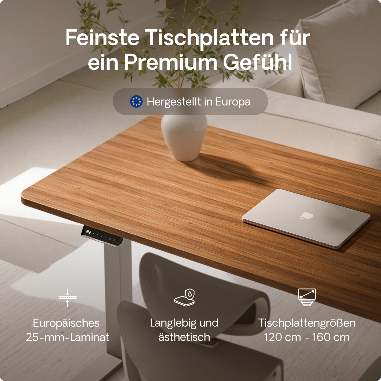 Desktronic Homeone height-adjustable desk 140 × 70 cm - Electric desk with two electric motors, touchscreen control, and integrated USB-A and USB-C charging ports.