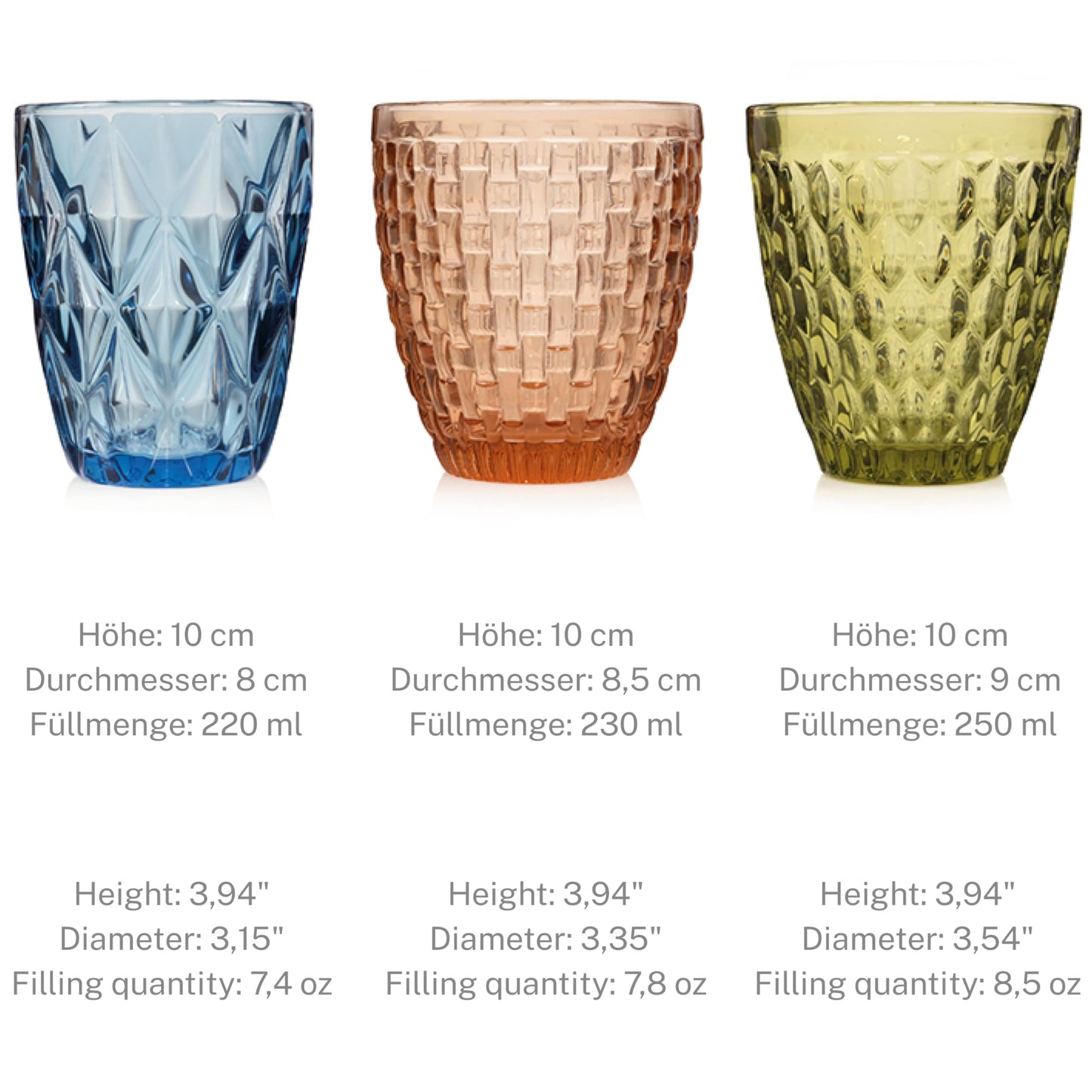 Singer drinking glasses set of 6 glass glasses for 6 people, water glass, multicolored, unique cut, everyday, family meals, office, outdoor juice glasses set | 310 ml.