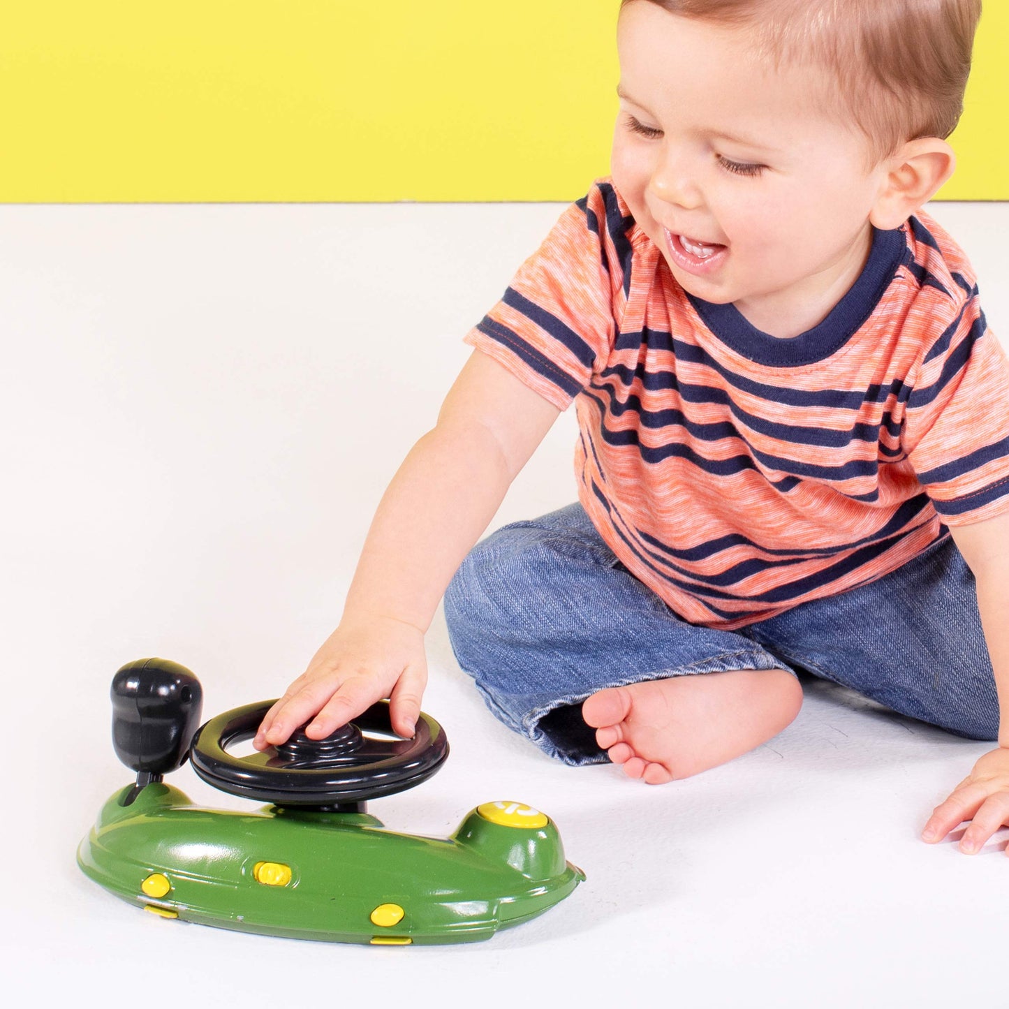 Bright Starts, John Deere Gator 4-in-1 Walk Behind Activity Toy features height-adjustable, foldable design for two kids, with sounds and lights.
