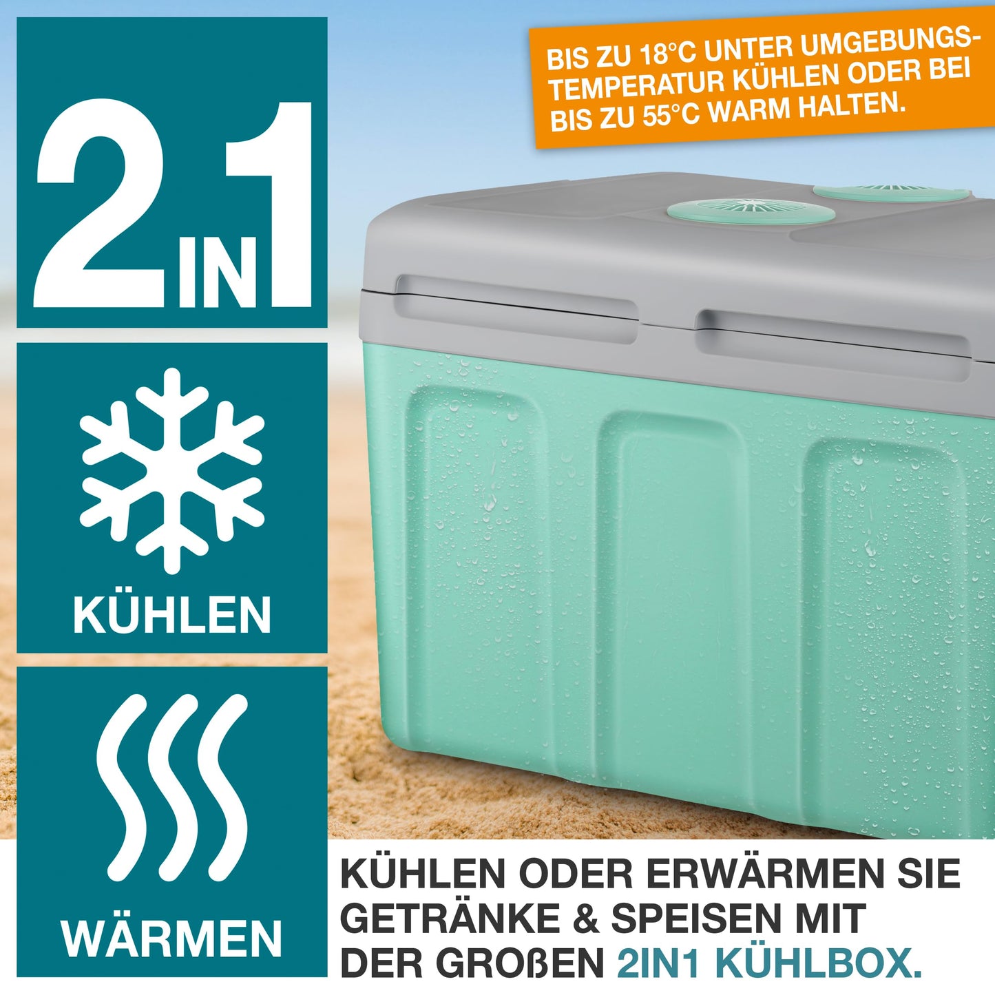 TOM 2in1 XXL cooler 40l with cooling and heating function – electric coolbox with wheels – 230V & 12V power connection – Electric – for car, camping, RV & Co – Plus gift (Mint)