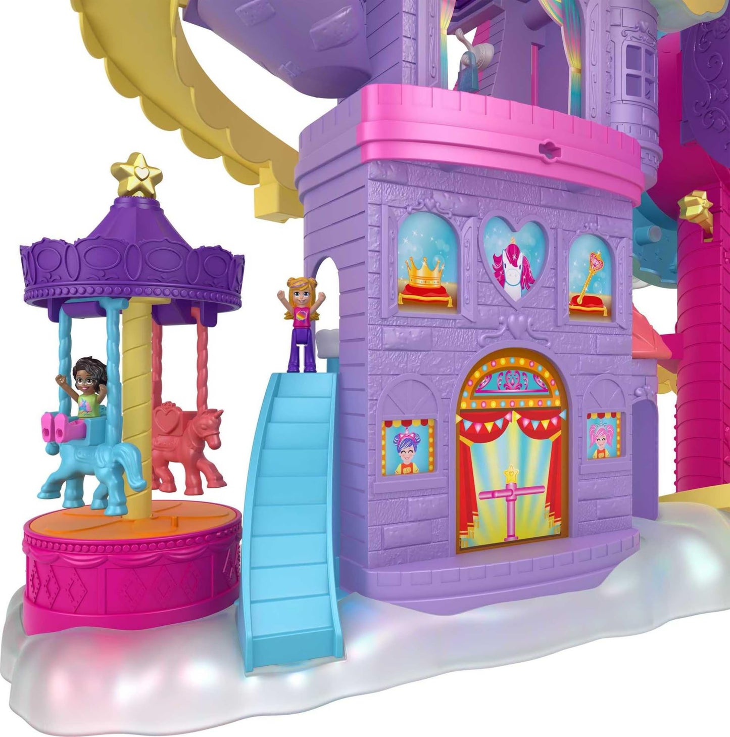 Polly Pocket HBT13 - Rainbow Unicorn Fun Fair, 3 different amusement park attractions, 7 play areas, 2 dolls, 2 unicorns, and 25 surprises (30 total pieces), for ages 4 and up.