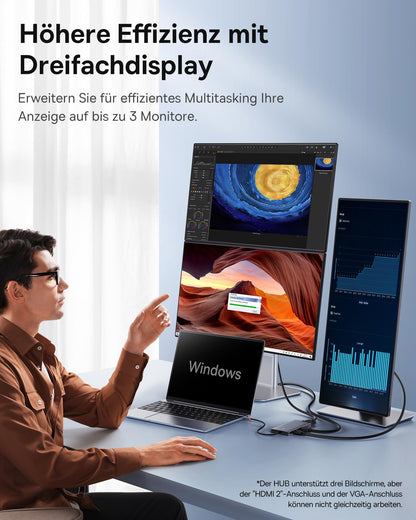 Optimized for efficiency, the Baseus USB C Docking Station supports 3 monitors, offering a 13-in-1 USB C Hub with 2 HDMI 4K@60Hz, DisplayPort 4K@60Hz, VGA, USB 3.1 10 Gbps, PD 100W, and Ethernet for Dell/HP/Lenovo/Surface Laptop.