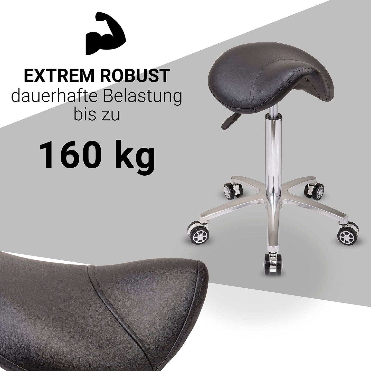 Staboos Rolling Stool up to 160 kg - Saddle Seat with Gel Cushion - Practice Stool with Wheels - Height-Adjustable Swivel Stool (55 cm to 75 cm) Saddle Stool