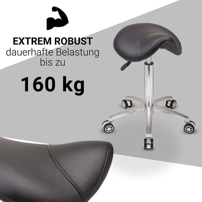 Staboos Rolling Stool up to 160 kg - Saddle Seat with Gel Cushion - Practice Stool with Wheels - Height-Adjustable Swivel Stool (55 cm to 75 cm) Saddle Stool
