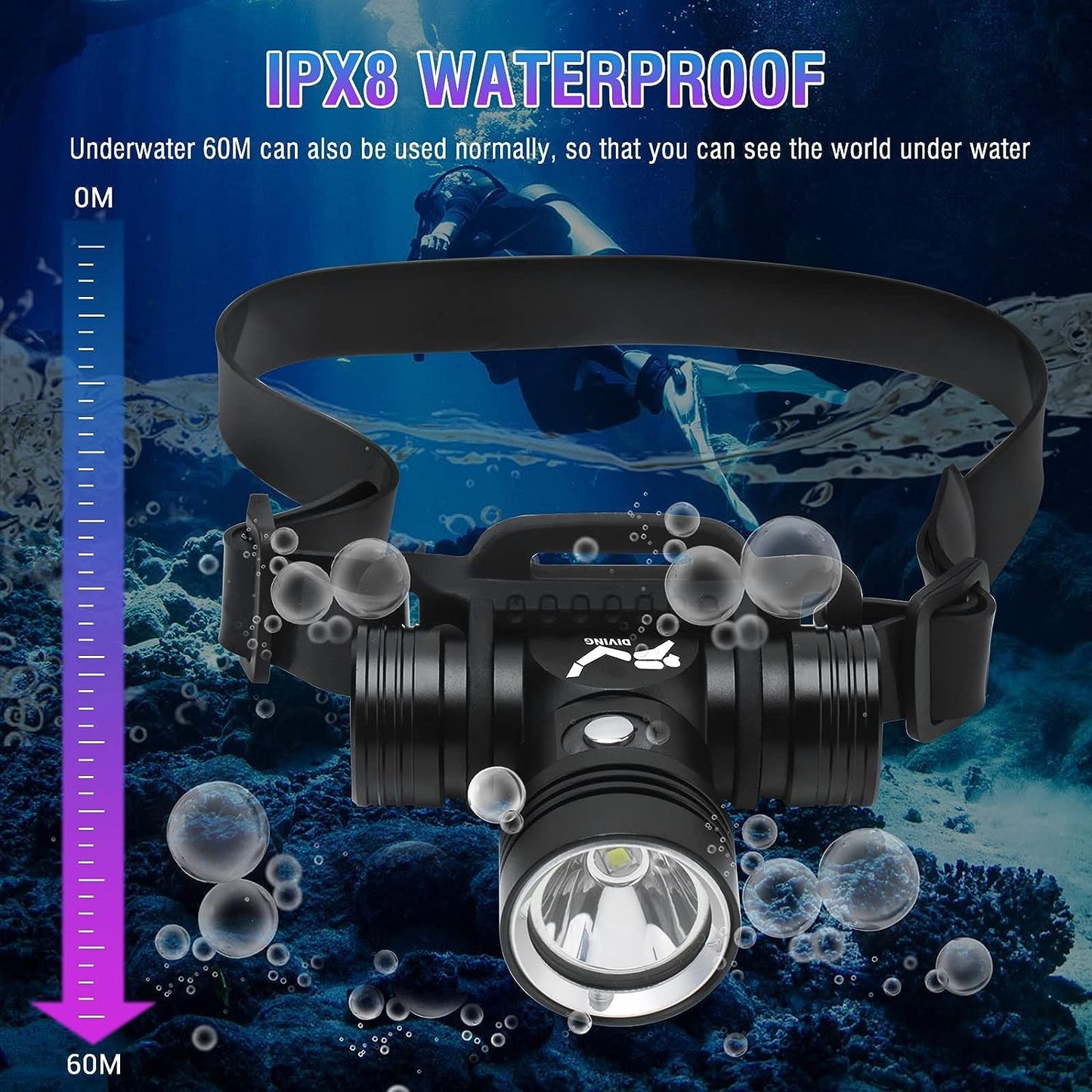 100000 lumens diving headlamp scuba diving headlamp, super bright IPX8 waterproof diving swimming submarine headlamp, 3 lighting modes underwater safety light with battery