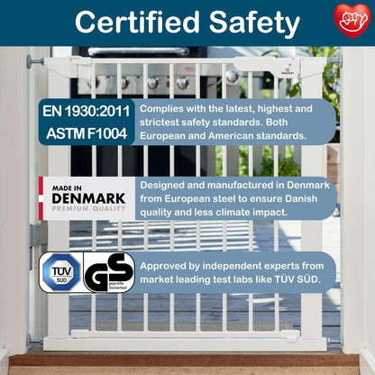BabyDan Premier, extra wide pressure mounted stair gate, 112-119.3 cm, door gate/barrier/baby gate/safety gate, metal, white, Made in Denmark (dog gate)