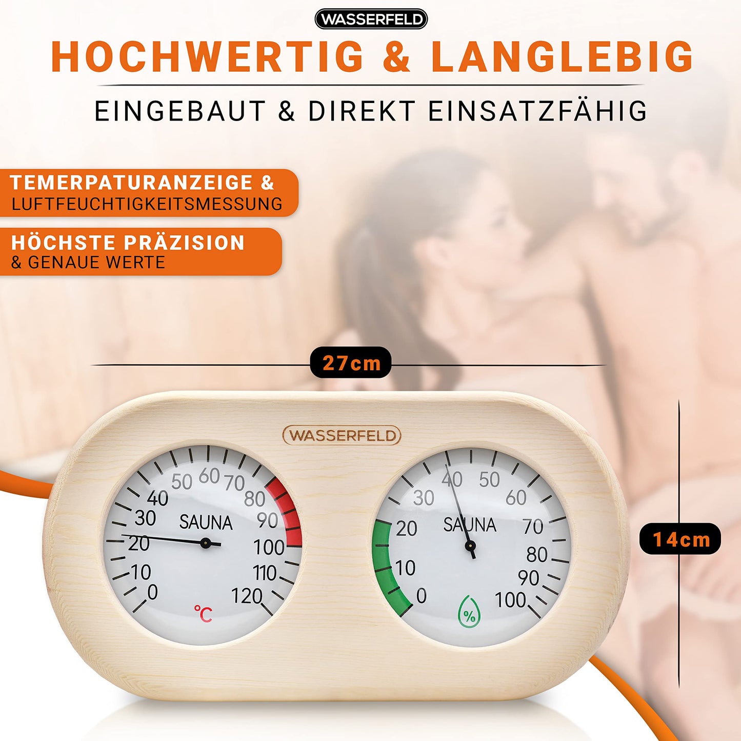 WASSERFELD® Sauna Thermometer Hygrometer [2in1 Function] Precise sauna thermometer for accurate temperature & humidity measurement - Sauna hygrometer with tempered glass - Sauna accessory...
