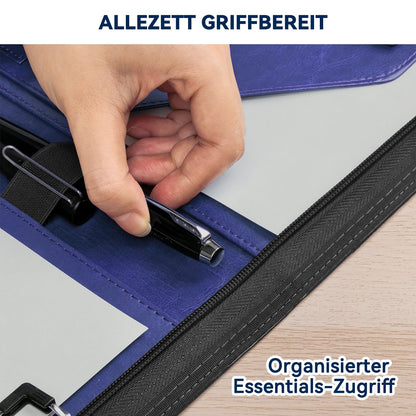 NEWYES A4 document folder, water-resistant with zipper & clipboard, faux leather portfolio perfect for business trips, teachers as a gift, or office use - Dark Blue.
