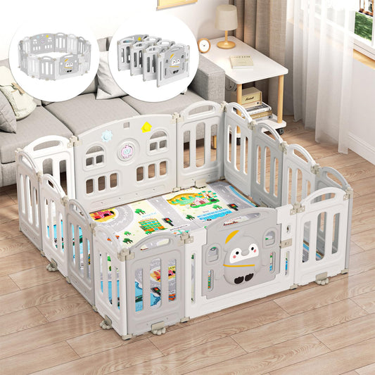 Izrielar Playpen Foldable Play Yard Baby Playpen Activity Center Playpen, Plastic Child Safety Gate with Crawling Mat and Story Machine, 14 Panels Gray and White