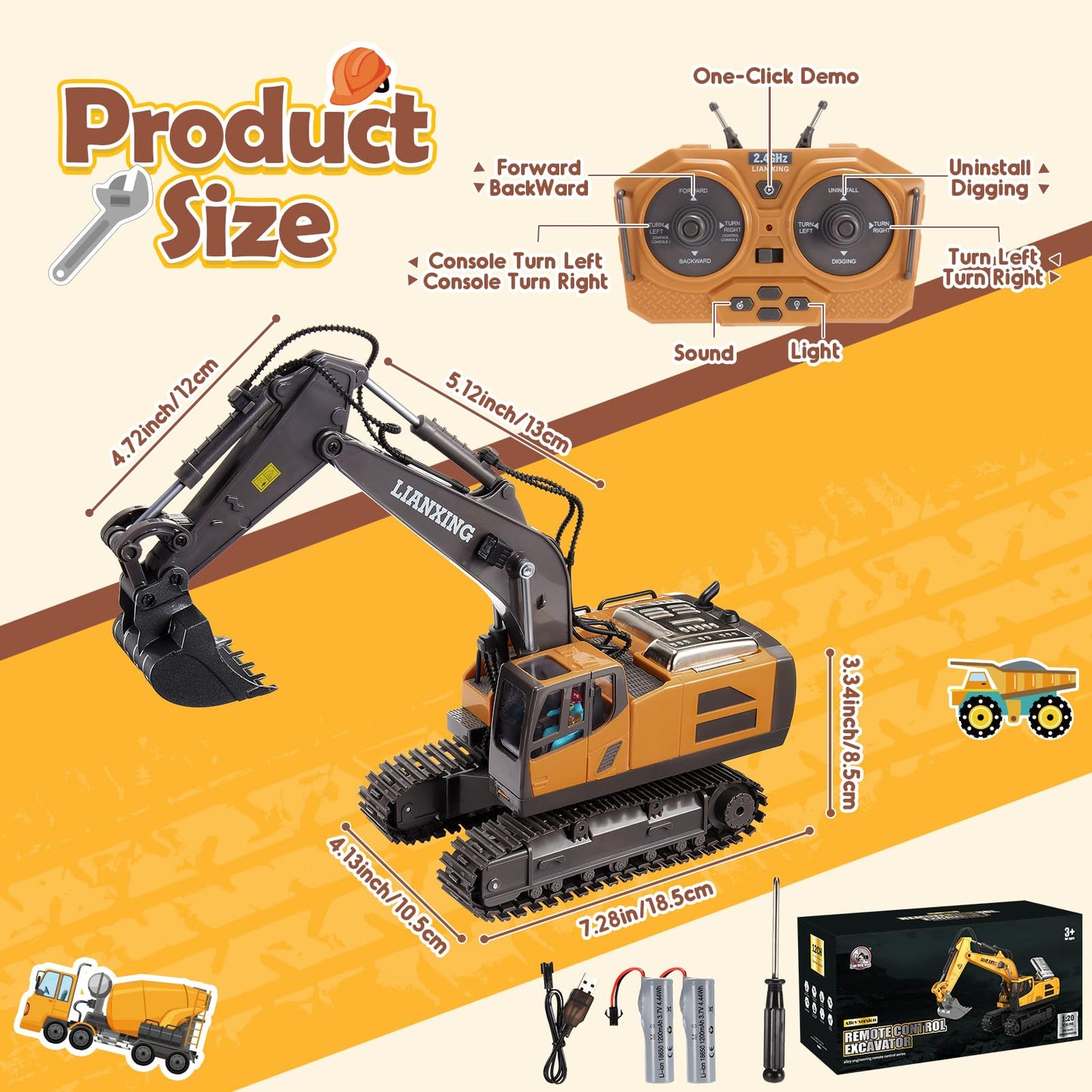 HappyGoLucky 1:20 Remote Controlled Excavator Toy For Boys Ages 3 4 5 6 7 8, 680° Rotating Rc Excavator With Lights Gift Boy 4 5 6 7 8 Years, Outdoor Toy Kids Toy For Ages 3-9 Years.