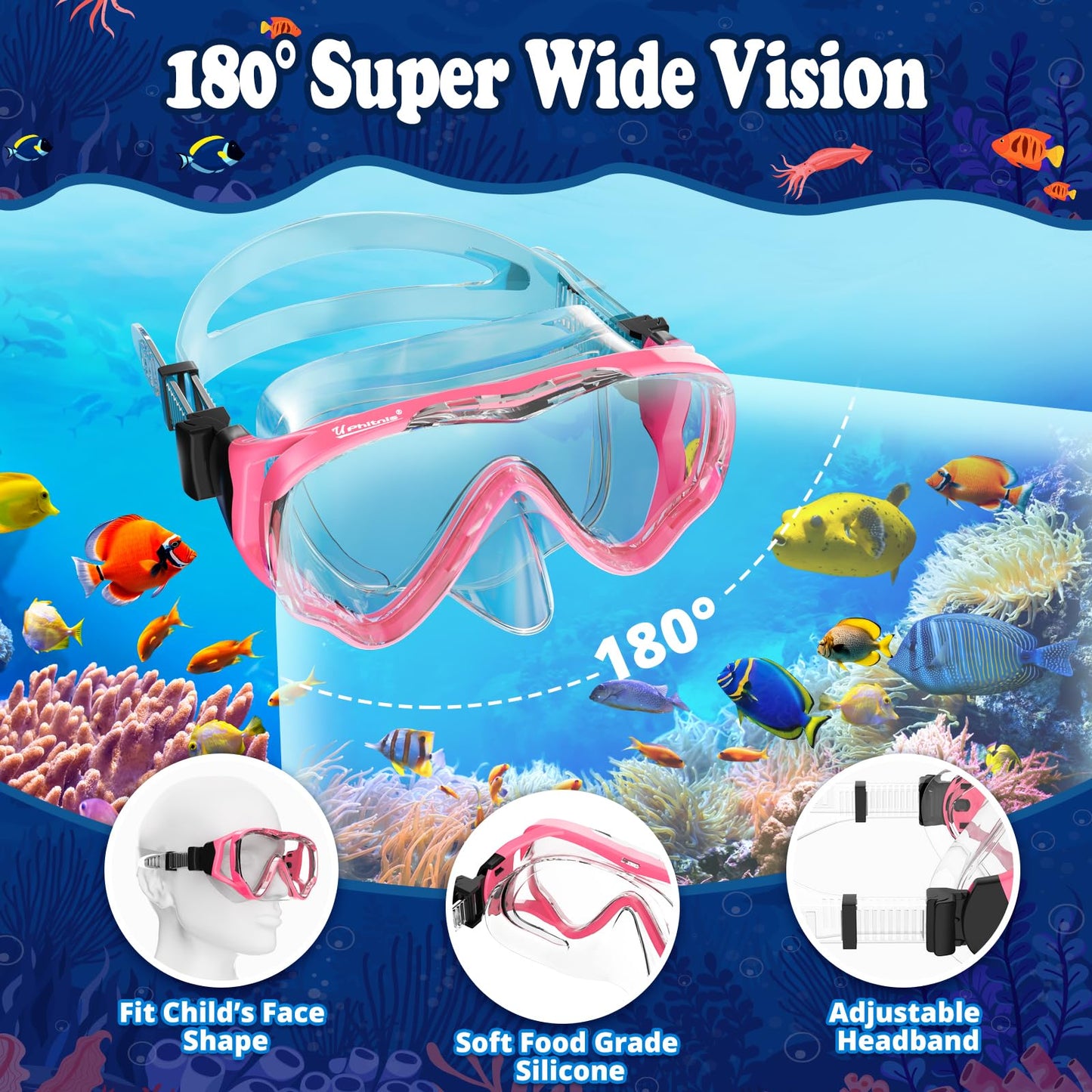 UPhitnis Kids Snorkel Set - Anti-Fog Dive Mask and Dry Snorkel - Leak-Proof Snorkel Mask - Snorkeling Gear for Boys Girls - Pink, Blue, Black, Yellow