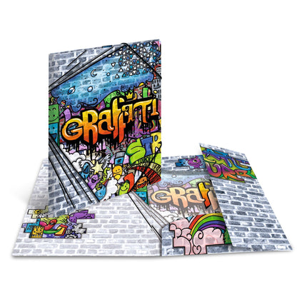 HERMA Collecting Folders A3 Graffiti Set, 3 pieces, Children's corner clip folders made of plastic with art motif, elastic closure, inner flaps, and inner print for boys and girls.