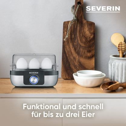 SEVERIN egg cooker for 3 eggs with electronic cooking time monitoring, including measuring cup with egg piercer, egg cooker for ideal hardness level, stainless steel brushed/black, 300 W, EK 3163