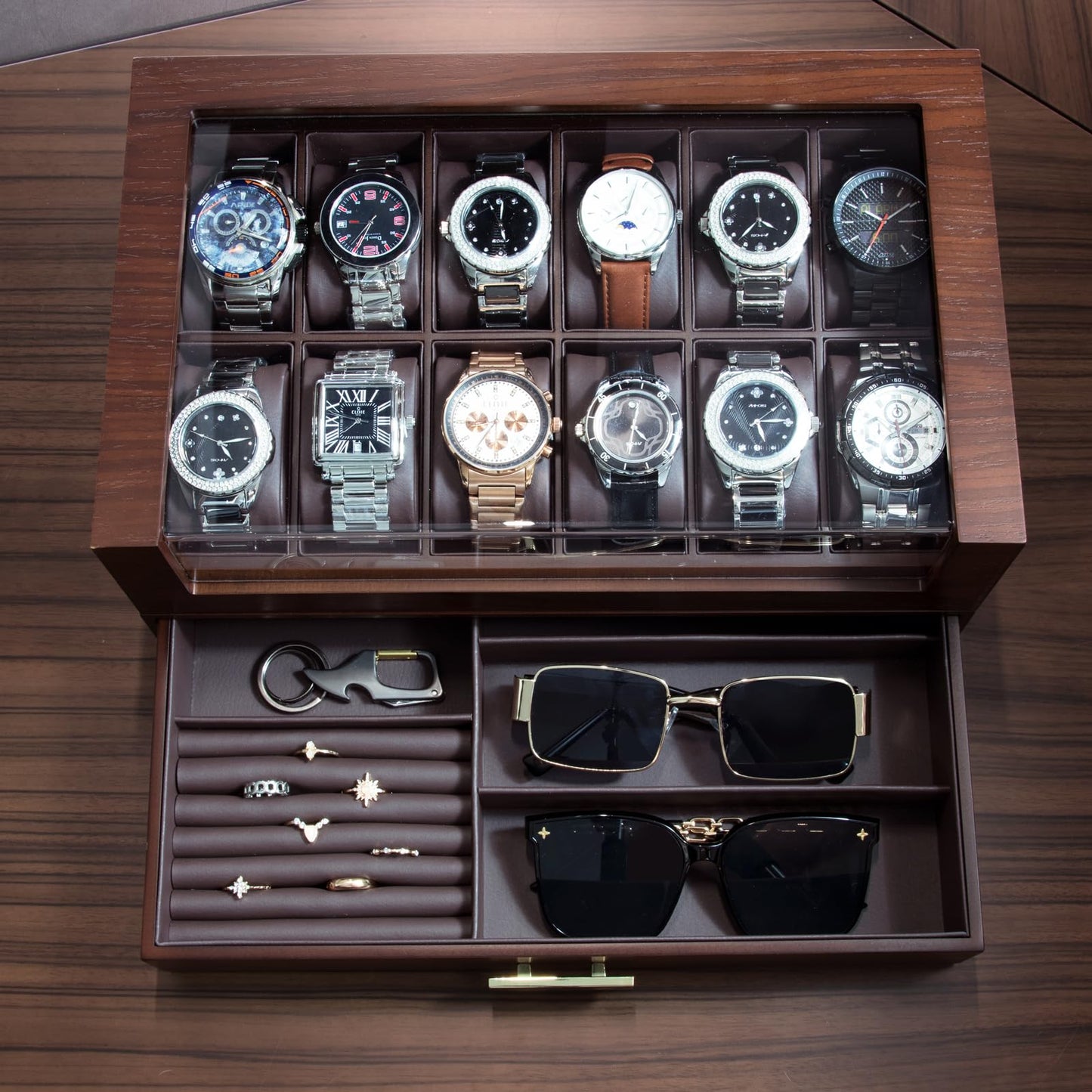 KAMIER Men's Watch Box with 12 compartments, Luxurious Large Real Wood Watch Box 2 Levels, Watch Case with removable watch cushions and drawer, Premium Watch Case with glass cover (with gift box)