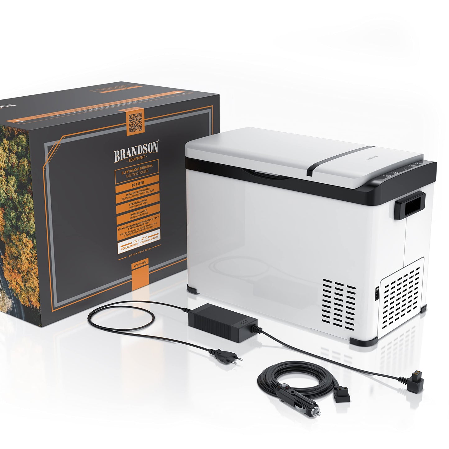 Brandson - ECO Compressor Cooling Box XXL electric - 30L Beverage Refrigerator - Freezer cooling up to -22°C - Car Cooler with ECO mode - 30 liter 12V 24V for Truck Car Camping Boat - White