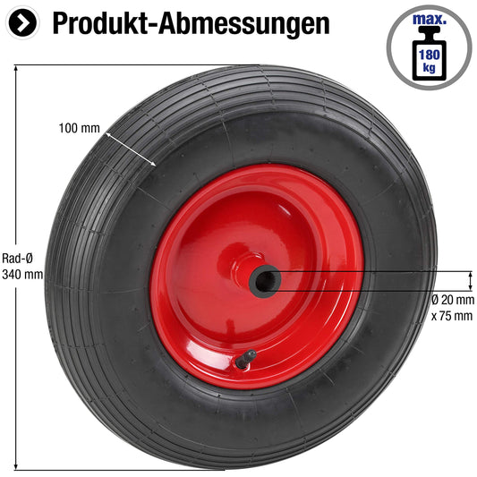 Metafranc pneumatic wheel Ø 340 mm - steel rim - type 3.50 - 6 - 180 kg load capacity - plain bearing / complete wheel with rim / wheelbarrow wheel / wheelbarrow tire / spare wheel / 810900