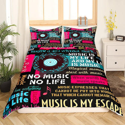 Single bed with duvet cover and 1 pillowcase, musical notes, for kids and adults, music disc, classic, 2-piece