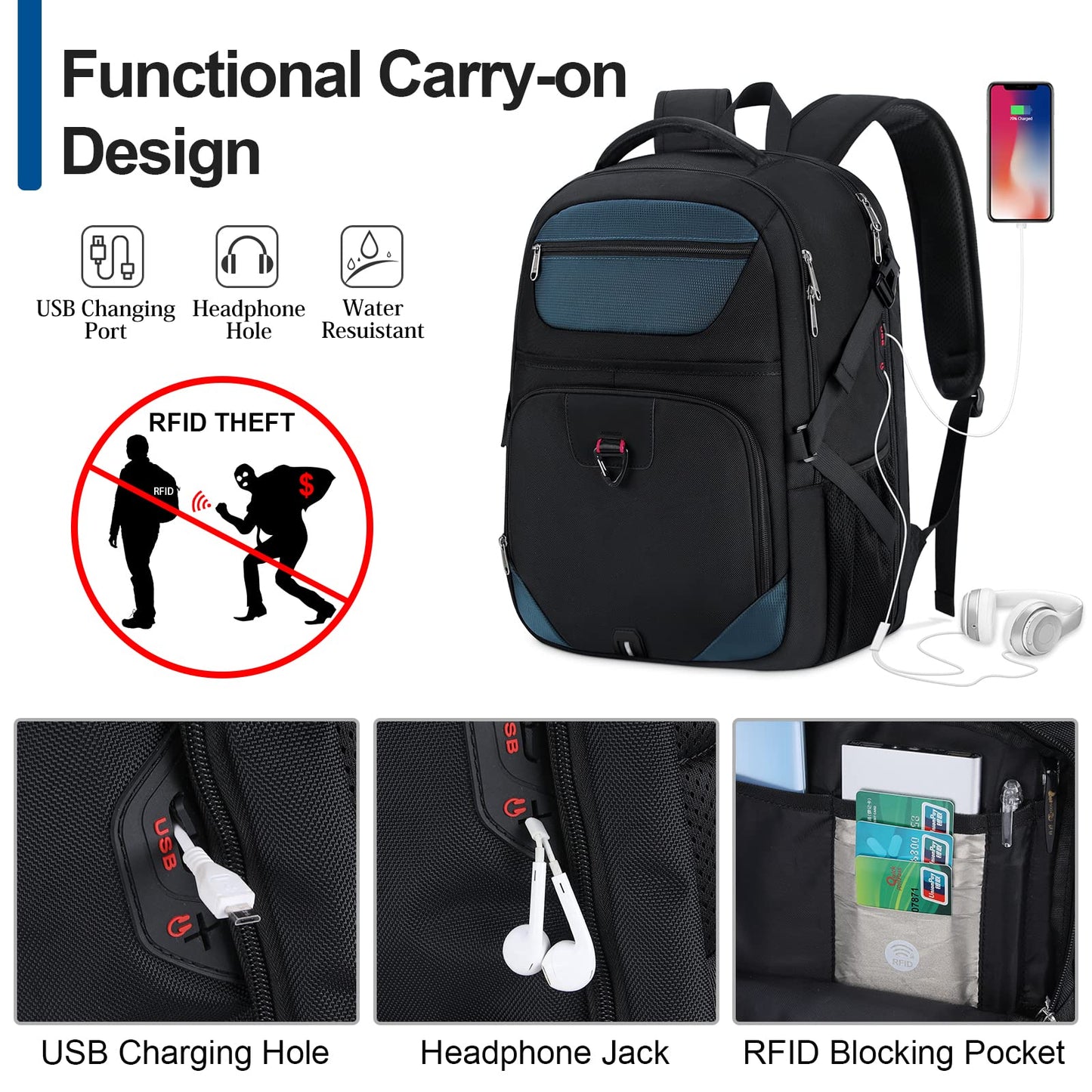 IGOLUMON backpack for men work large laptop backpack 17 inch with USB charging port waterproof school backpack boys teenagers multifunctional business notebook backpack women Blue