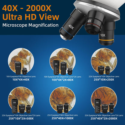 BEBANG Microscope for Kids Students Adults 40-2000x Magnification Professional Biological Microscopes, LED Illumination Educational Microscope with Kits, 15 Slides for Laboratory Class Study.