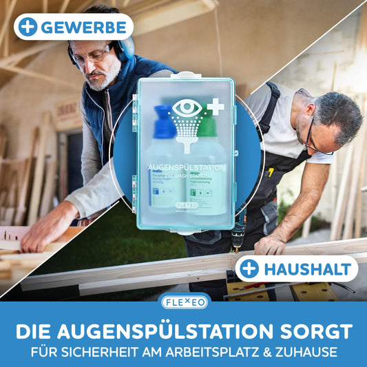 FLEXEO Eye wash station incl. (1x 500 ml NaCl saline solution + 1x 250 ml phosphate buffer solution) with wall mount – eye flushing – eye shower – sterile NaCl eye wash solution – pH-neutral