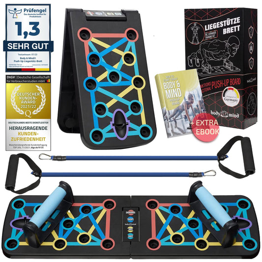 Body & Mind® Push-Up Plank Board; Foldable Multifunction Elite Rack Fitness Board for Full Body Training & Effective Push-Ups; Push-Up Handles with Free Training Bands & E-Book.