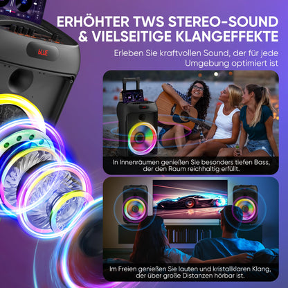Karaoke machine with 2 wireless microphones, portable Bluetooth speaker, LED lights, PA system, supports recording/FM/AUX/USB/TF.