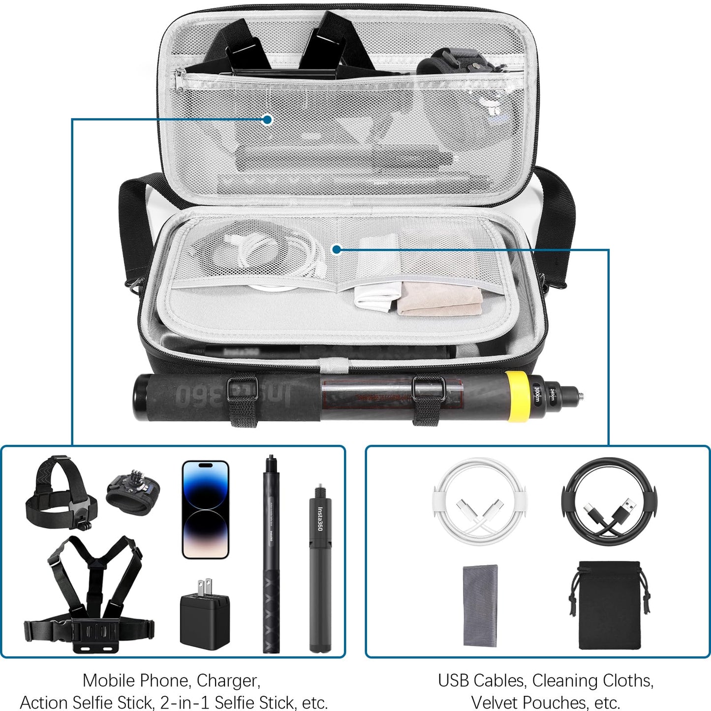 AMAZEAR carrying bag for Insta360 X4 / X5 case, compatible with 3m 9.8ft Extended Edition selfie stick, portable waterproof shoulder bag for Insta360 X5 / Insta360 X4 / X3 ONE X2 accessories.
