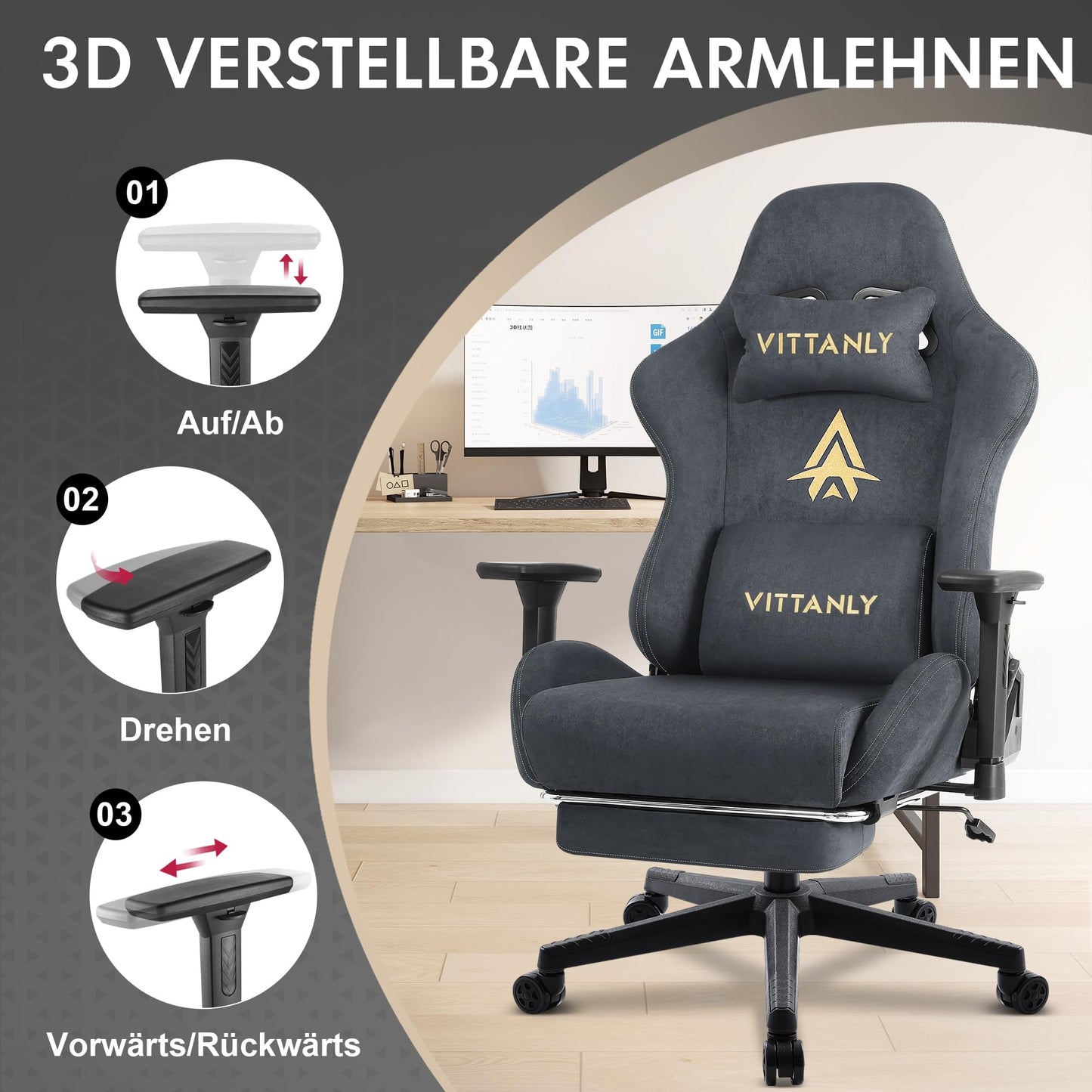 Vittanly Gaming Chair, Luxurious Suede Fabric Office Chair, Ergonomic Desk Chair with Footrest Headrest and Lumbar Pillow, 3D Armrests, 90-155° Backrest, Grey