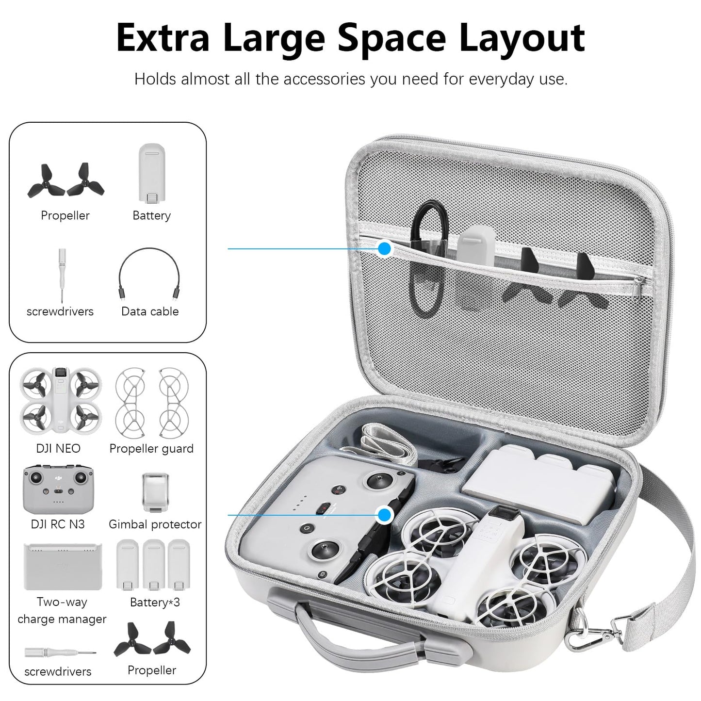 FPVtosky Waterproof Drone Bag for DJI Neo Fly More Combo with DJI RC-N3 Drone Bag Fall Protection Compact Carrying Case Storage Accessories Protection Grey