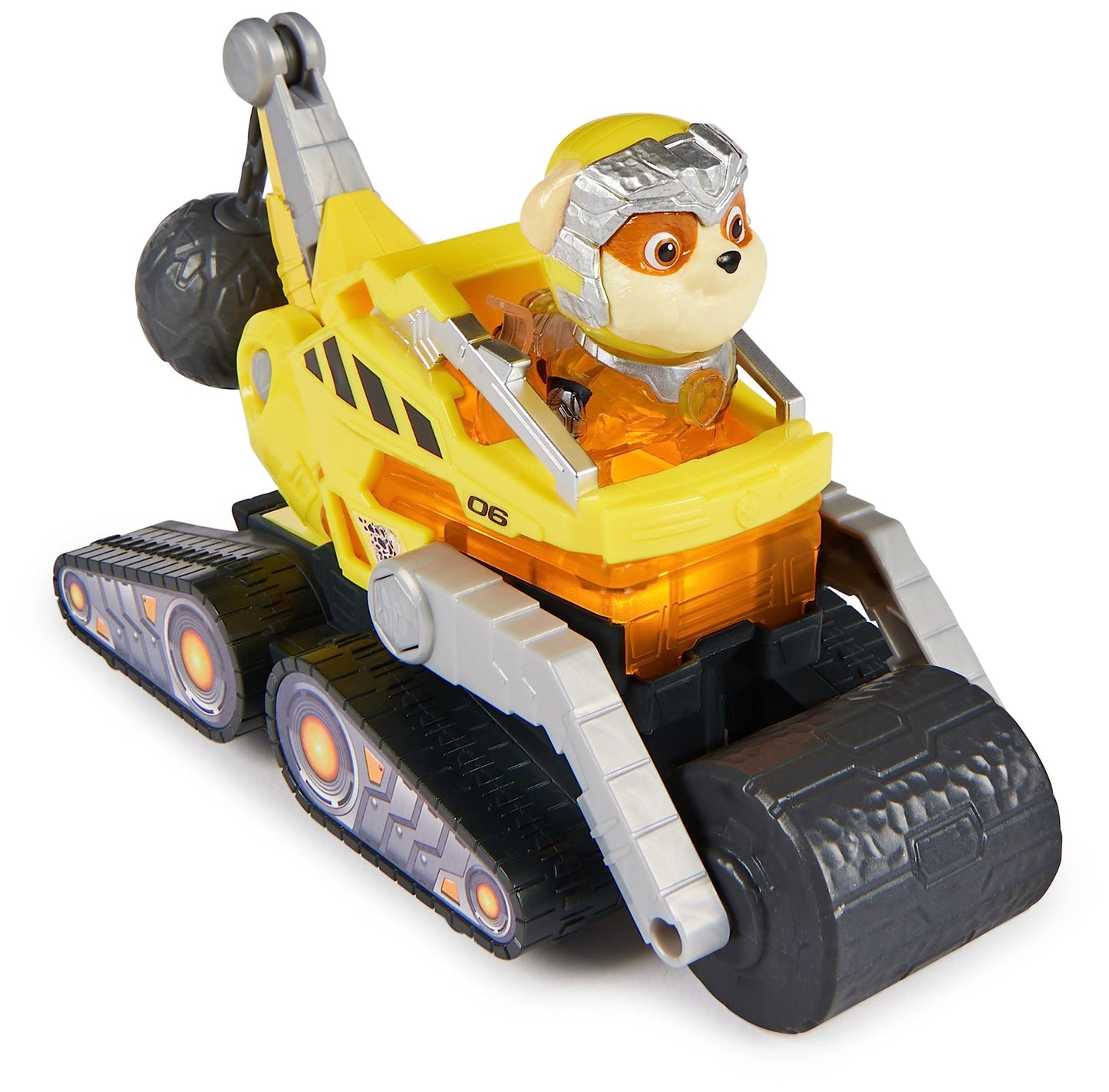 PAW Patrol: The Mighty Movie, superhero base vehicle by Rubble with puppy figure, construction vehicle with light and sound effects, toy suitable for children ages 3 and up.