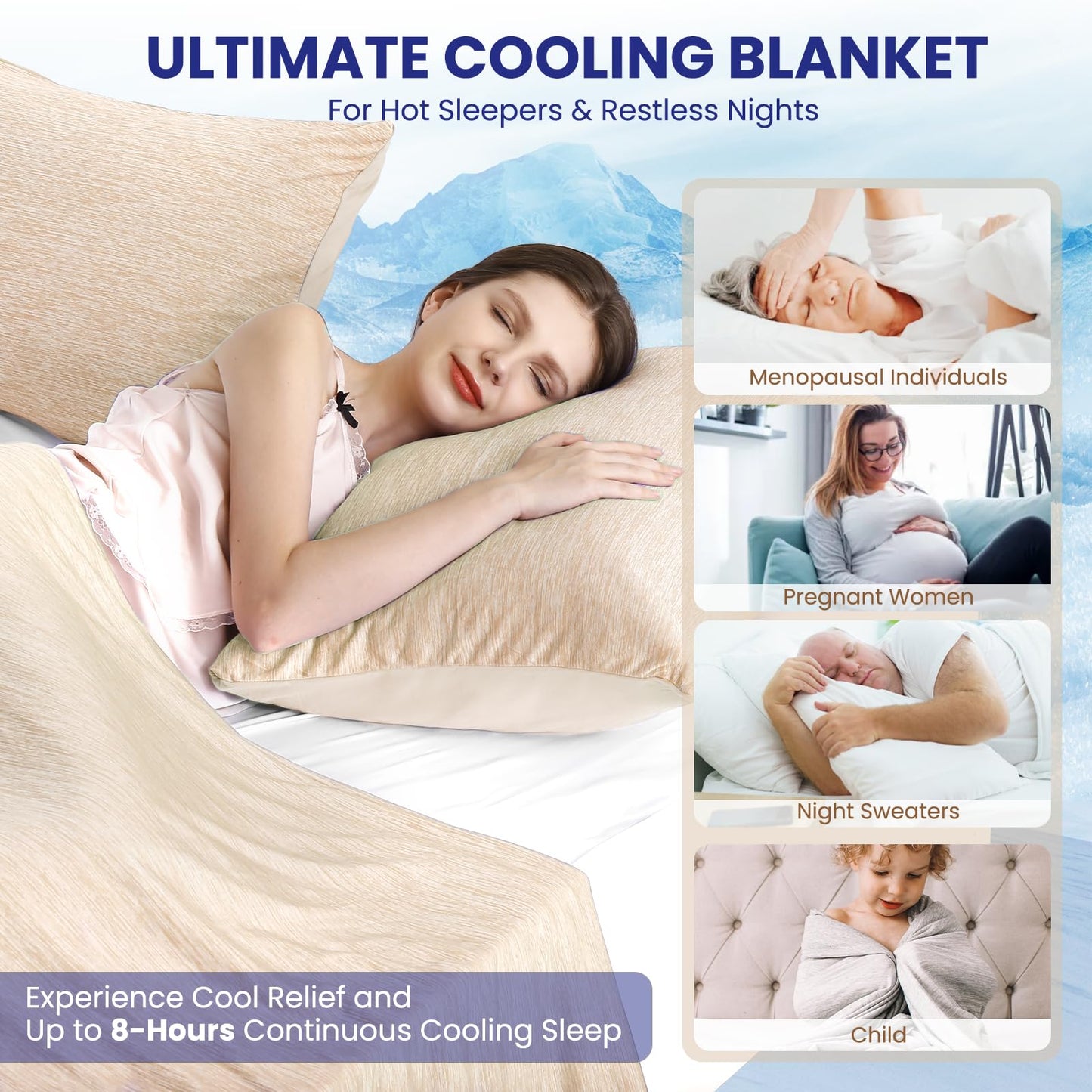 Elegear Cooling Blanket 130 x 170cm, Japanese Arc-Chill 3.0 Q-Max>0.5 Cooling Fibers 2in1 Self-cooling Summer Blanket Double-sided, absorbs body heat, cooling blanket for people Thin Throw Blanket Beige