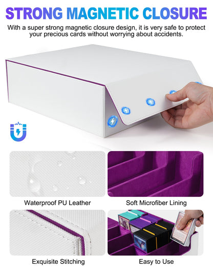 UAONO Card Storage Box for Trading Cards, 2400+ MTG Commander Deck Box with 24pcs colorful dividers, Card Case suitable for Magic TCG PTCG game cards (white & purple)