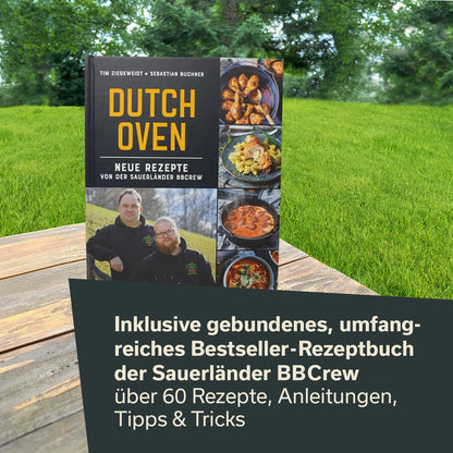 Skandika Dutch Oven Flame Master 5.1 L | Cast iron pot for cooking, includes recipe book by the Sauerländer BBCrew, pre-seasoned, without feet, lid lifter, carrying bag | Fire pot for grilling, camping