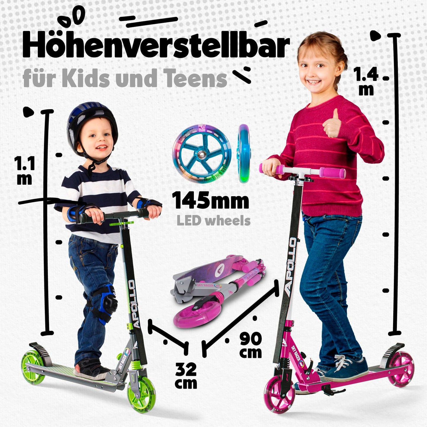 Apollo Skyracer City Scooter with LED light wheels | Scooter for kids 6 years old | City scooter with suspension | Kick scooter for kids and teens | Kids scooter foldable and adjustable in height