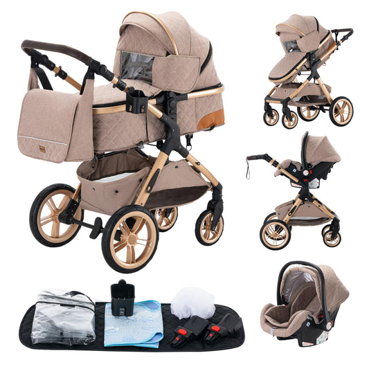 YAZOCO stroller 3 in 1 buggy baby bed complete set One-click collapsible stroller, combi stroller aluminum frame for newborns seat accessories (5 Khaki)