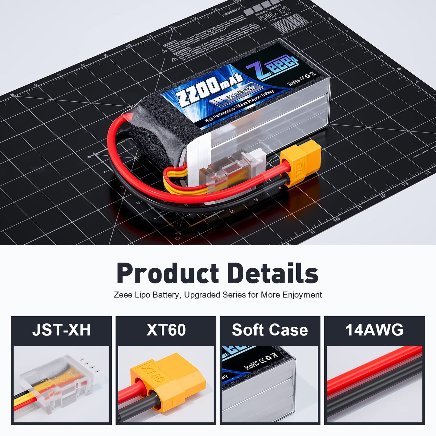 Zeee 3S Lipo 2200mAh 11.1V 50C battery pack with XT60 connector for RC car, truck, vehicles, boat, drone, airplane, quadcopter, helicopter, FPV racing. Hobby models. Pack of 2.