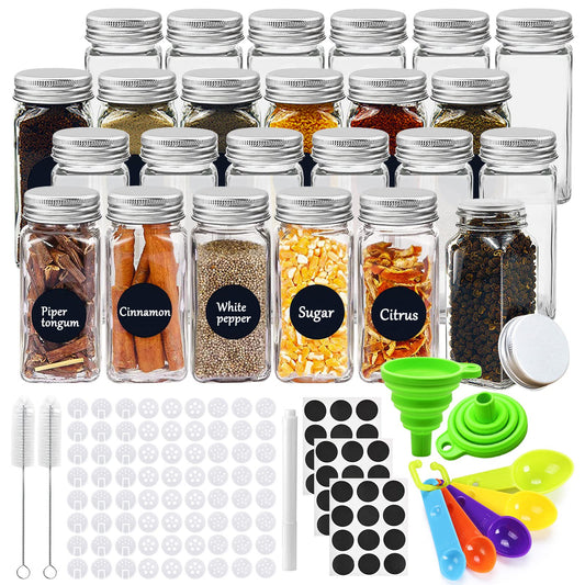 JOYBOY Spice Jars Square, 24pcs Spice Jars Set, Spice Containers with Lid Spice Shakers Glass with Labels, Shaker Insert, Spice Jars Funnel, Brush, Spice Jars Set for Storing Spices