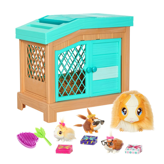 Little Live Pets - Mama Surprise | Interactive mom guinea pig with stable and 3 surprise babies. Over 20 sounds and reactions, repeatable play patterns, 5 years / 60 months.