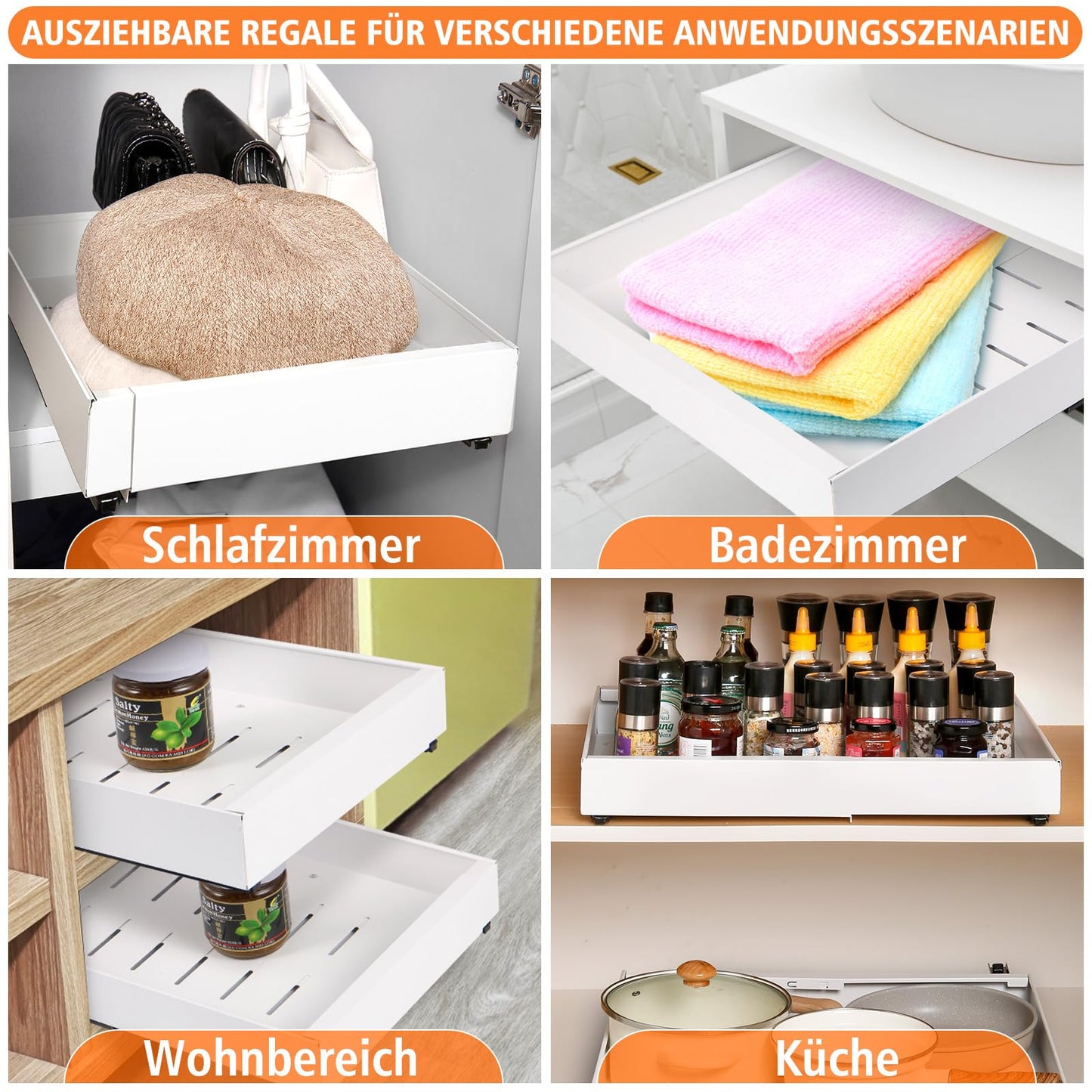 Telescopic Drawer, Expandable Drawer Organizer, Carbon Steel Extendable Drawer Storage Shelves, Smooth Sliding Basket Pull-Out Kitchen Cabinet (White, Expandable Width 43-68cm)