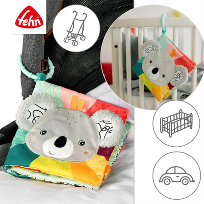 Fehn Fabric Book Baby Koala - Baby sensory book made of fabric - Baby toy book with squeaker, rattle and crinkle paper - Baby book with attachment ring - Fabric book for babies and toddlers from 3+ months.