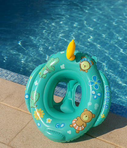 Inflatable dinosaur swim ring for kids with built-in water gun, extra thick PVC (0.25mm), for fun in the pool and at the beach.