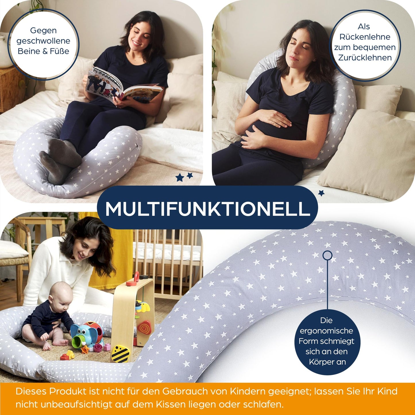 Niimo XXL 2-in-1 Pregnancy Pillow & Nursing Pillow - 100% cotton cover with fiber filling, 100% washable, ergonomic & multifunctional, Grey with white stars (200 x 70 cm)