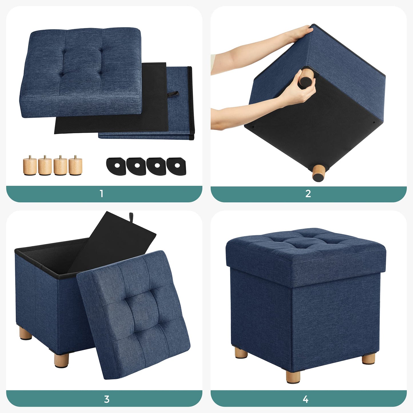 SONGMICS Storage Ottoman, Small Folding Bench, 38 x 38 cm Footrest, Storage Box, Holds up to 300 kg, for Living Room Bedroom Dorm, Midnight Blue LSF14IN