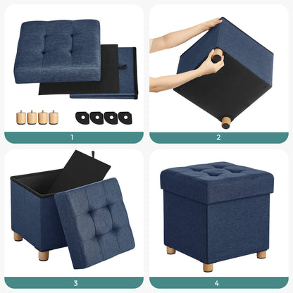 SONGMICS Storage Ottoman, Small Folding Bench, 38 x 38 cm Footrest, Storage Box, Holds up to 300 kg, for Living Room Bedroom Dorm, Midnight Blue LSF14IN