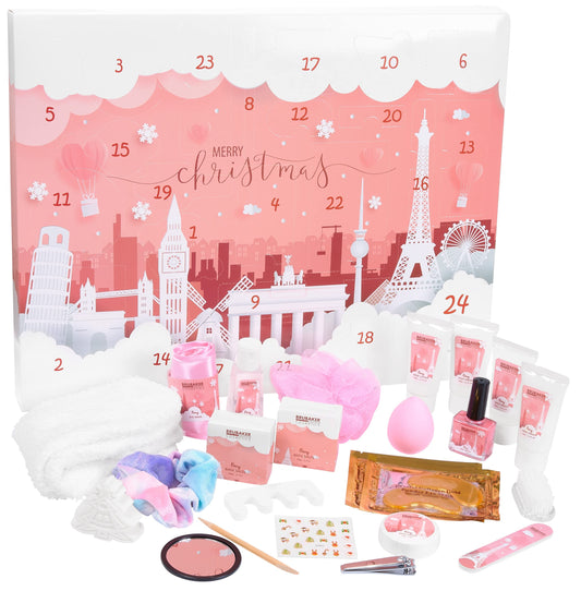 BRUBAKER Cosmetics Beauty Advent Calendar 2025 - the XXL wellness Christmas calendar for women and girls - 24 x body care products & spa accessories - city landmarks pink.